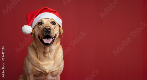 Canvastavla Smiling Labrador dog wearing Santa hat against red background
