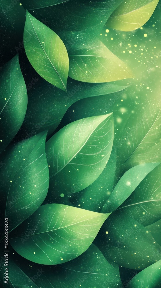 Obraz premium Lush Green Leaves Abstract Background with Glowing Particles