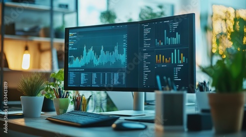 Hotel management office with a digital dashboard showing performance metrics.