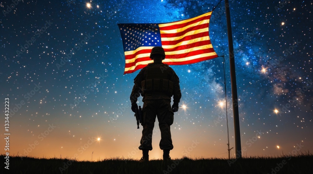 Obraz premium Silhouette Soldier American Flag Starry Night Patriotism