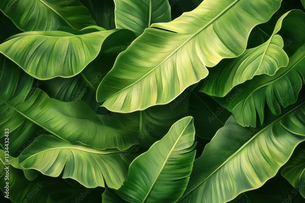Obraz premium Lush Green Banana Leaves Tropical Foliage Nature Background,