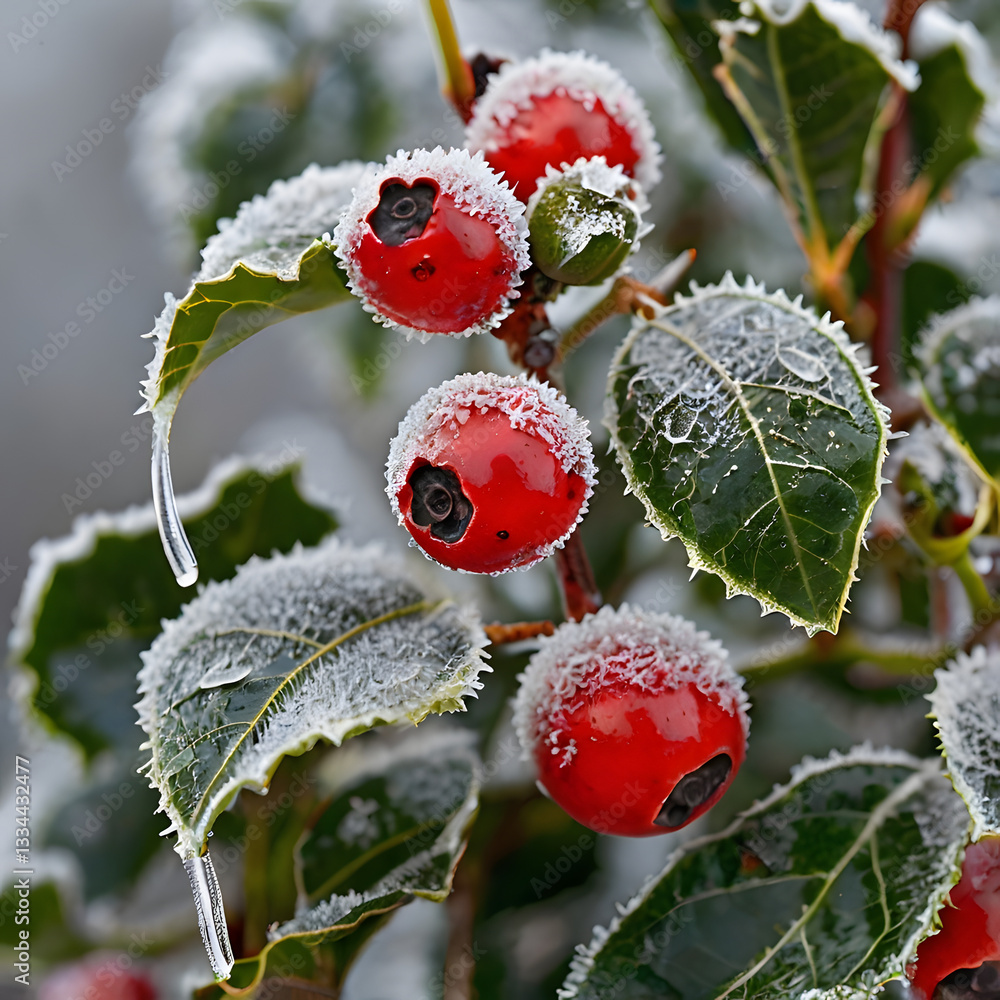 Obraz premium Frost-Kissed Holly Berries: Vivid red holly berries adorned with a delicate veil of frost sparkle, showcasing the serene beauty of winter's touch.
