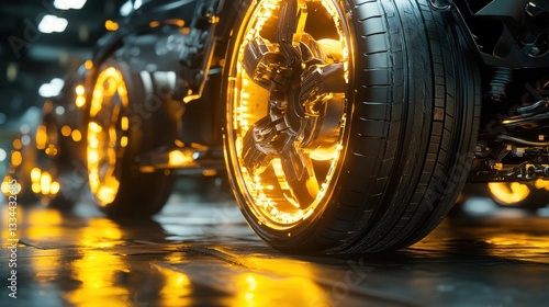 Advanced Robotics Testing of Car Brakes Featuring Glowing Discs with Synchronized Movements in a Futuristic Setting, Captured in Stunning 4 Gigapixel Detail