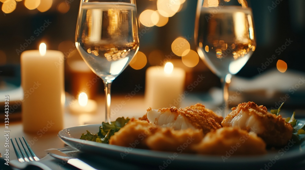 Elegant dinner setting, beautifully arranged plate with gourmet food, soft candlelight ambiance, perfect for romantic occasions. Elegant dinner setting, beautifully arranged plate with gourmet food, soft candlelight ambiance, perfect for romantic occasions.