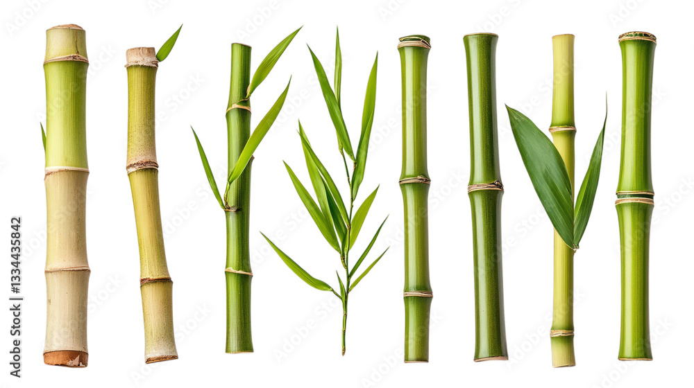 Fototapeta premium Variety of bamboo stems and leaves on transparent background