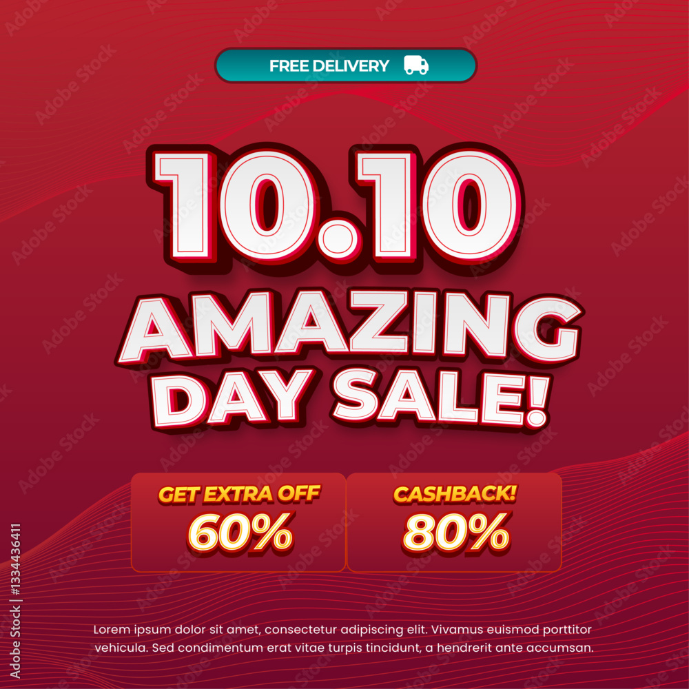 Fototapeta premium 10.10 Amazing Shopping Sale discount deals soft dark red gradient Editable text effect Promo code wave line minimalist style Promotional square banner poster flyer