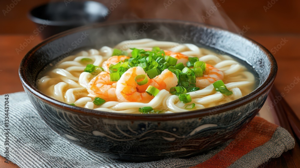 Steaming Shrimp Udon Noodle Soup in Dark Bowl