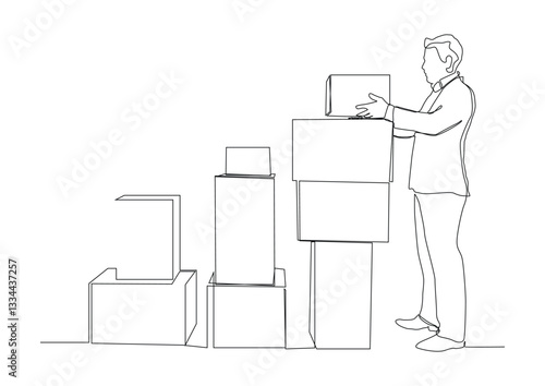 Continuous one line art of man reaches up to place a box on top of a stack of boxes. internet order packaging concept, big stack of gifts.