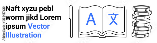Open book displaying language letters, pen, and coin stacks emphasizing translation, education, global communication, investment, linguistics, cultural exchange. Ideal for e-learning financial