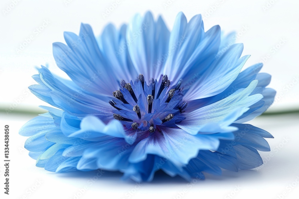 Obraz premium Captivating cornflower unfolds with layers of delicate, textured petals in serene shades of blue, creating a soft, dreamy botanical close up on white backdrop