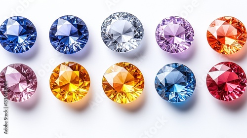 Colorful Assortment of Brilliantly Cut Gemstones Displayed in a Perfect Row on White Background
