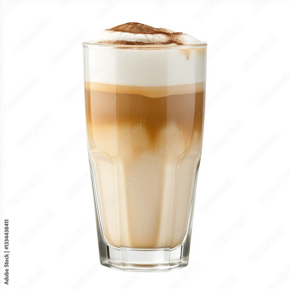 layered latte macchiato in tall clear glass, Isolated on white Background. layered latte macchiato in tall clear glass, Isolated on white Background.