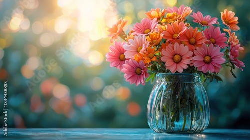 Vibrant flower bouquet in vase, outdoor setting, bokeh background, sunlight