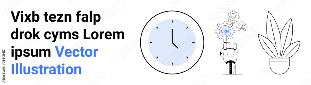 Clock representing time, robotic hand with mechanical parts symbolizing technology, potted plant signifying growth. Ideal for innovation, productivity, sustainability, tech advances, future concepts Clock representing time, robotic hand with mechanical parts symbolizing technology, potted plant signifying growth. Ideal for innovation, productivity, sustainability, tech advances, future concepts