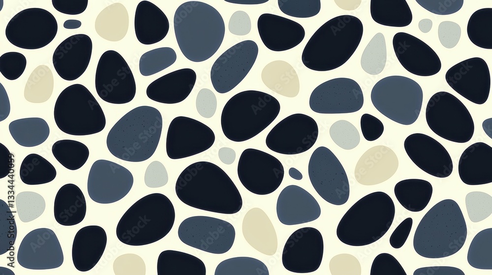 A repeating pattern of black, gray, and beige oval shapes on a light beige background. A repeating pattern of black, gray, and beige oval shapes on a light beige background.