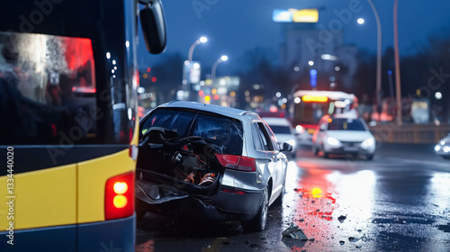 Car accident involving a bus at night, illustrating the aftermath of a collision. Suitable for discussions on traffic accidents, urban transportation, and vehicle safety.