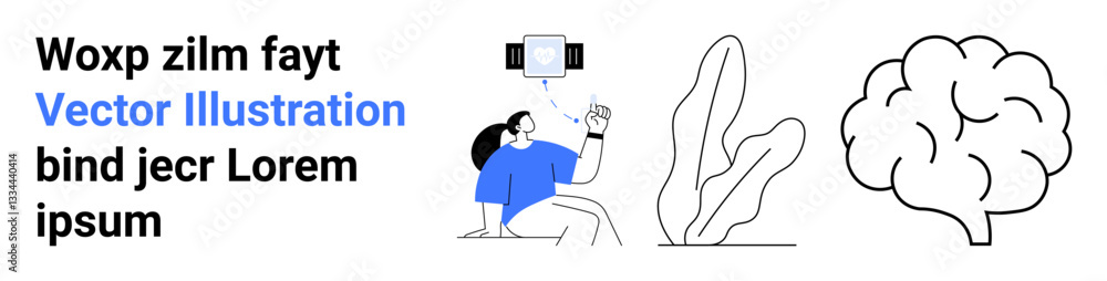 Woman seated and using a smartphone, surrounded by minimalist plant shapes and brain line art. Ideal for technology, mindfulness, creativity, innovation, health, education, simple landing page Woman seated and using a smartphone, surrounded by minimalist plant shapes and brain line art. Ideal for technology, mindfulness, creativity, innovation, health, education, simple landing page