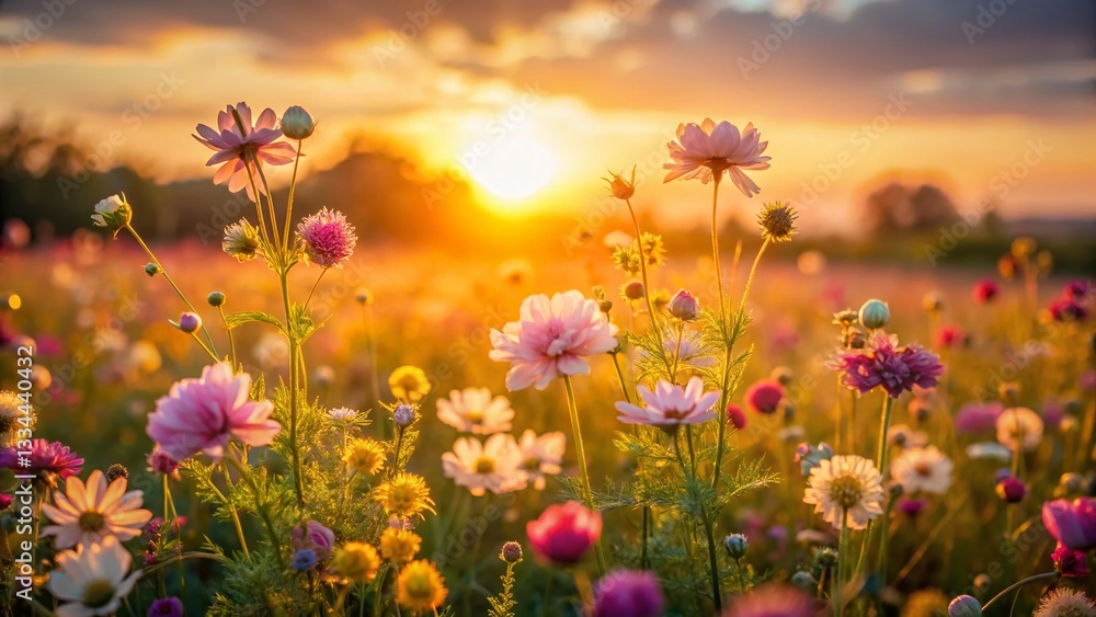 Obraz premium Drone View: Vibrant Macro Romantic Flower Meadow at Golden Hour