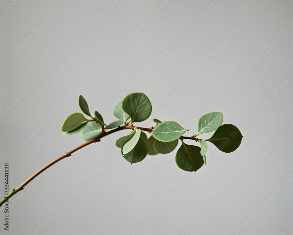 Obraz premium A simple green branch with rounded leaves against a neutral background, showcasing the beauty of nature in a minimalistic style.