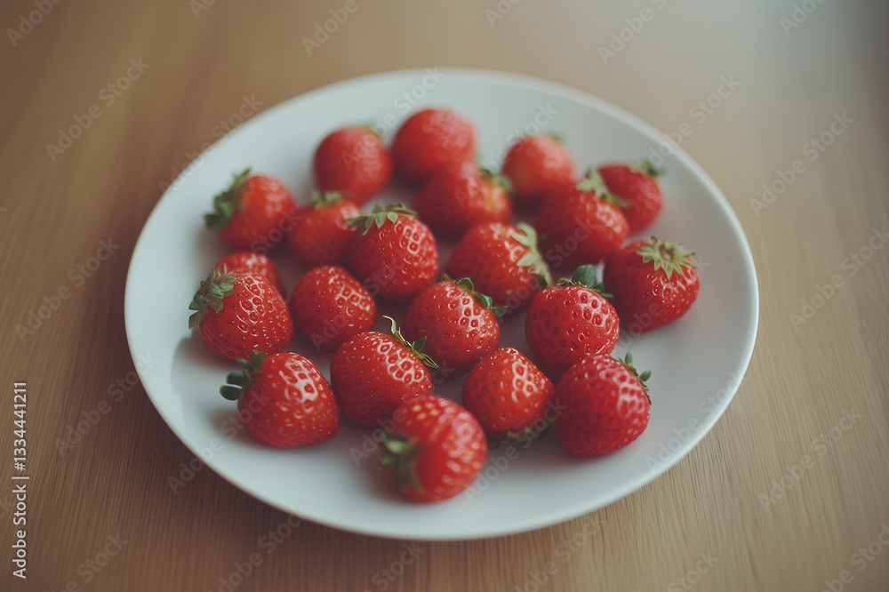 A plate full of fresh strawberries sitting on a light brown wooden table surface top A plate full of fresh strawberries sitting on a light brown wooden table surface top