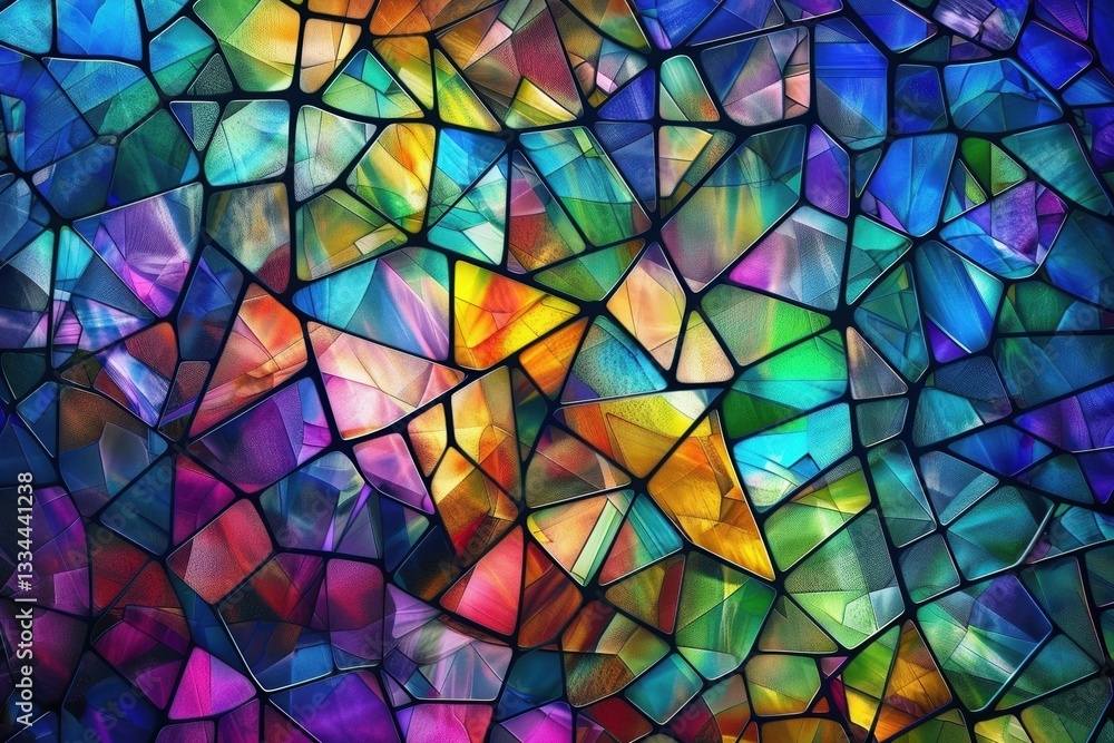 A vibrant and colorful abstract mosaic of stained glass pieces, creating an enchanting pattern with sharp edges A vibrant and colorful abstract mosaic of stained glass pieces, creating an enchanting pattern with sharp edges