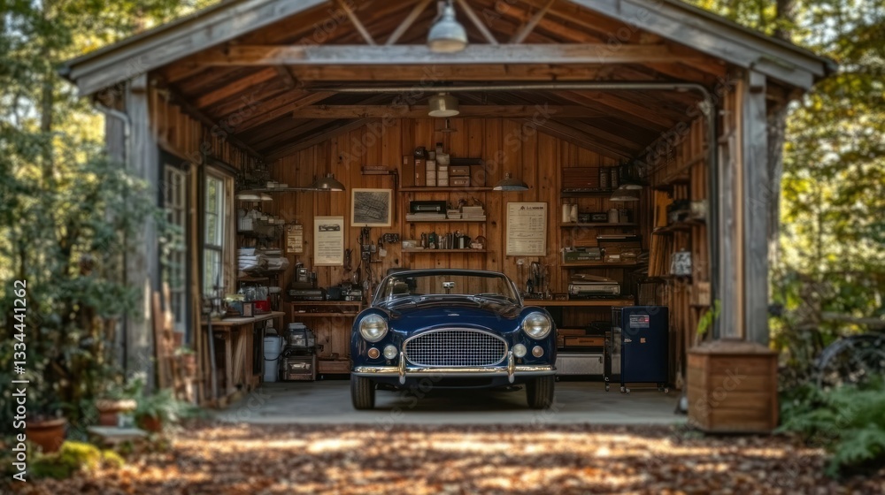 Classic car in a cozy workshop garage.  Well-organized workshop with car