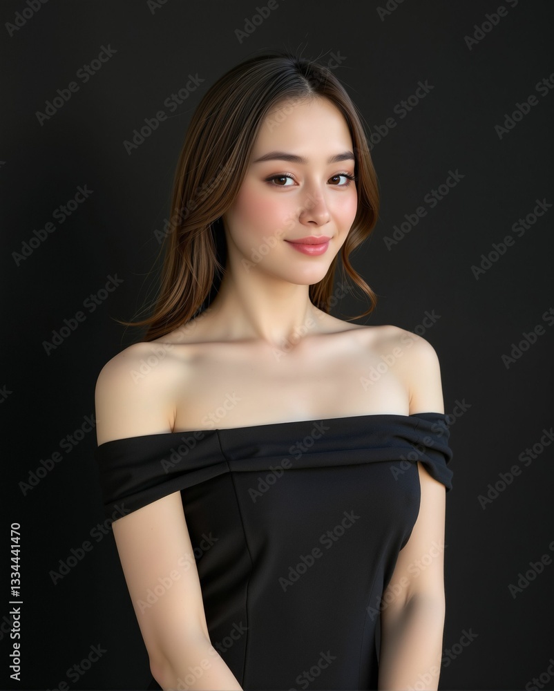 A woman poses confidently in an off-shoulder black outfit against a dark background, exuding elegance and charm. A woman poses confidently in an off-shoulder black outfit against a dark background, exuding elegance and charm.