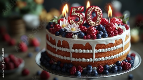 Celebratory fiftieth birthday cake adorned with fresh berries, flowers, number candles and dripping icing, symbolising a milestone anniversary celebration.
