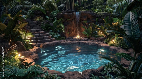 Fototapeta Naklejka Na Ścianę i Meble -  Explorers in a Jungle Base Camp with Adventure Pool and Exotic Plants Garden Scene in a Natural Environment