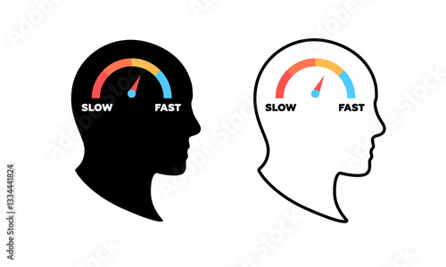 Two human head profiles feature speedometers going from slow to fast, symbolizing thought speed.