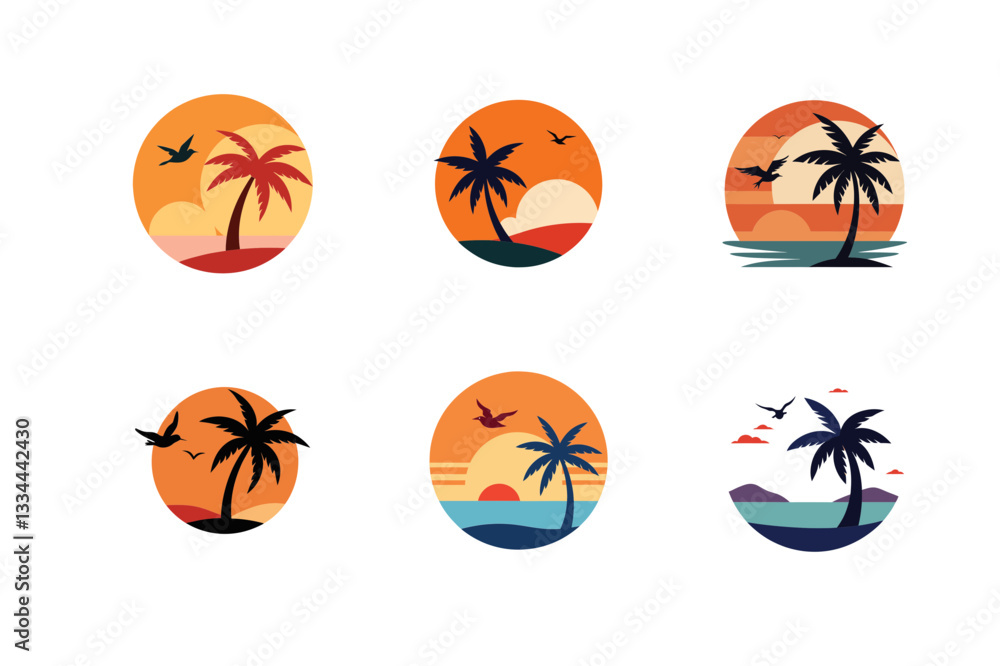 sea beach palm trees with flying bird vector sea beach palm trees with flying bird vector