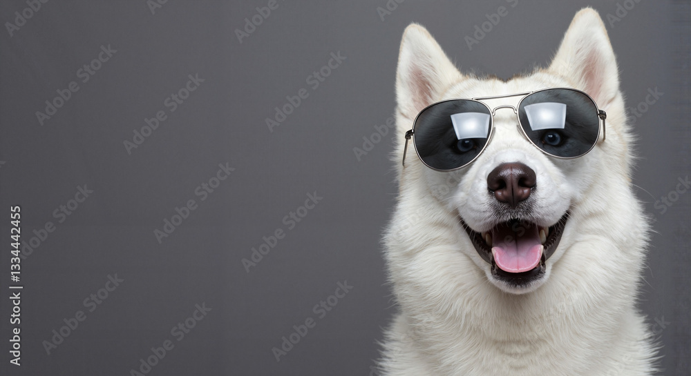 Obraz premium Happy dog wearing sunglasses against a gray background