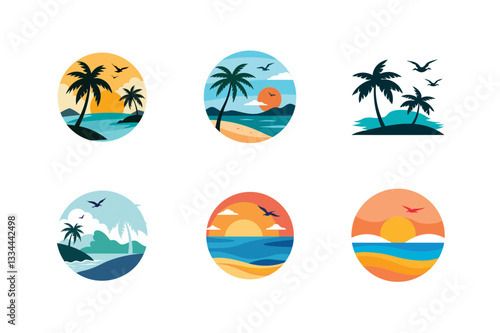 sea beach palm trees with flying bird vector