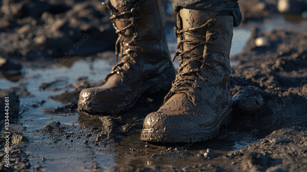 Muddy Boots Standing on Wet Ground in Outdoor Environment Muddy Boots Standing on Wet Ground in Outdoor Environment