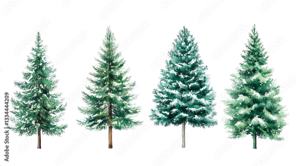 Obraz premium Set of four realistic christmas trees with snowy branches