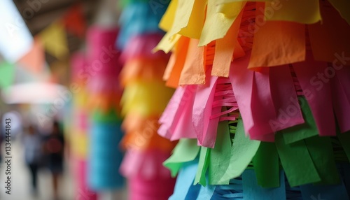 Vibrant tissue paper decorations in pink, orange, yellow, green, and blue hang festively, creating a lively and cheerful ambiance perfect for Cinco de Mayo celebrations photo