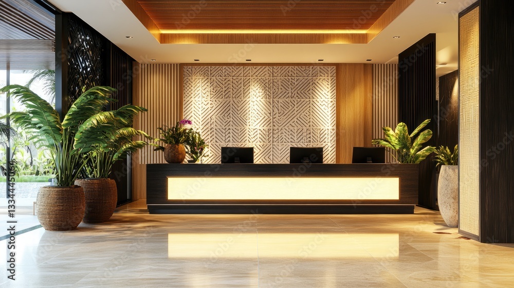 Fototapeta premium Luxury hotel reception area with a stylish front desk, designer decor, and a welcoming ambiance.