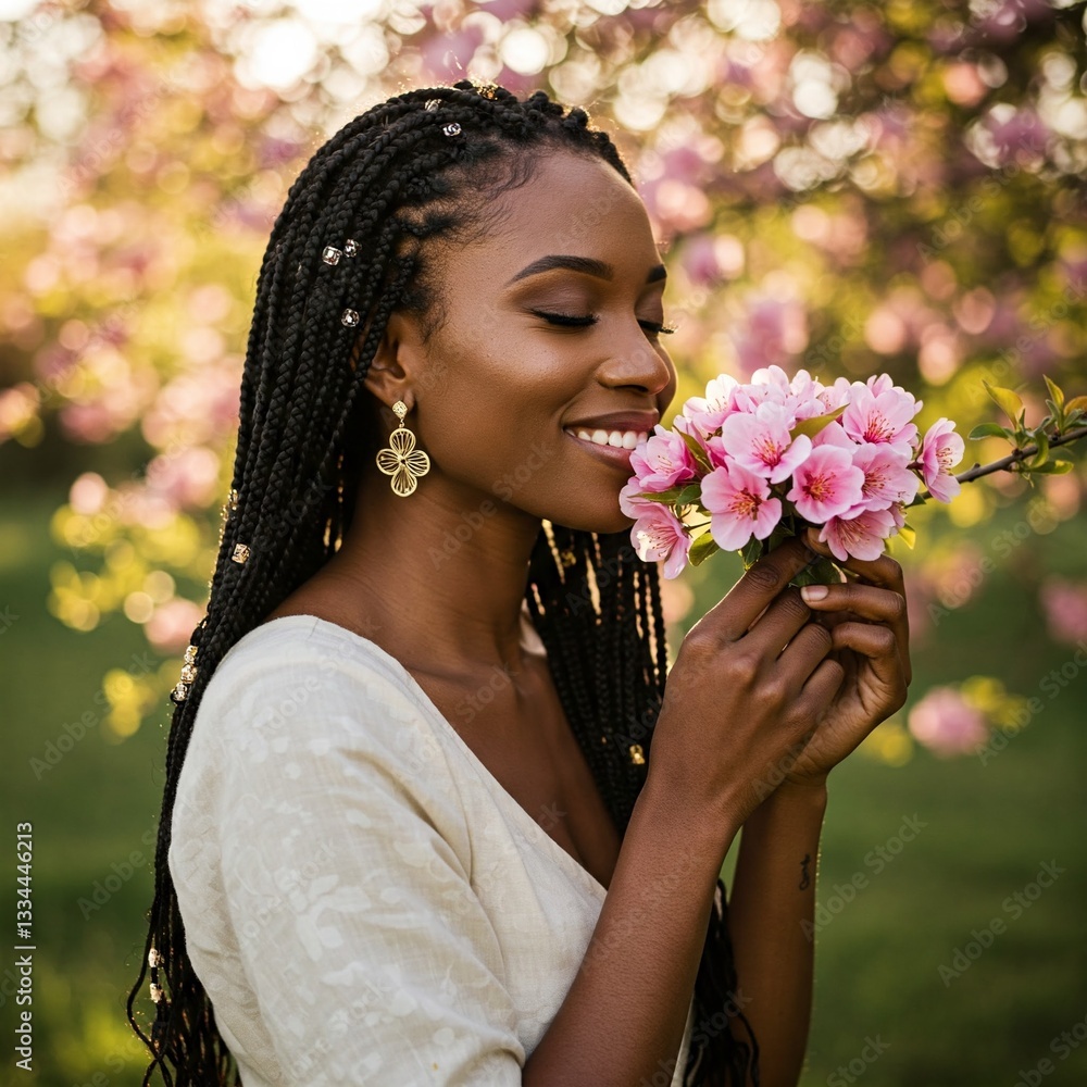 Obraz premium Beautiful African American woman smelling the soft, fresh, natural aroma of pink flowers in spring.