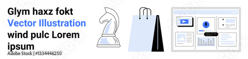 Chess knight and shopping bag near digital dashboard showcasing video content, data charts, and user interaction. Ideal for technology, analytics, business strategy, e-commerce, advertising