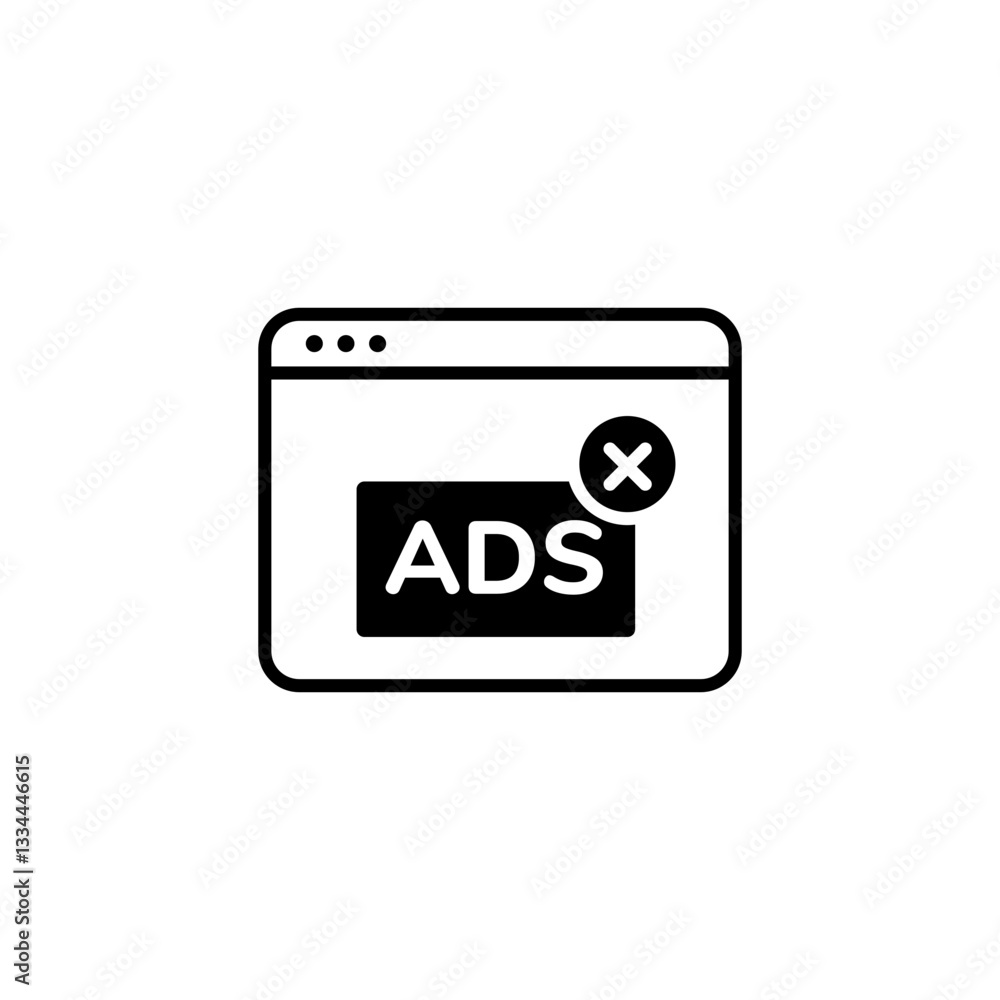 minimalist icon of a web browser window with an ad and a cross symbol for closing or removal. minimalist icon of a web browser window with an ad and a cross symbol for closing or removal.
