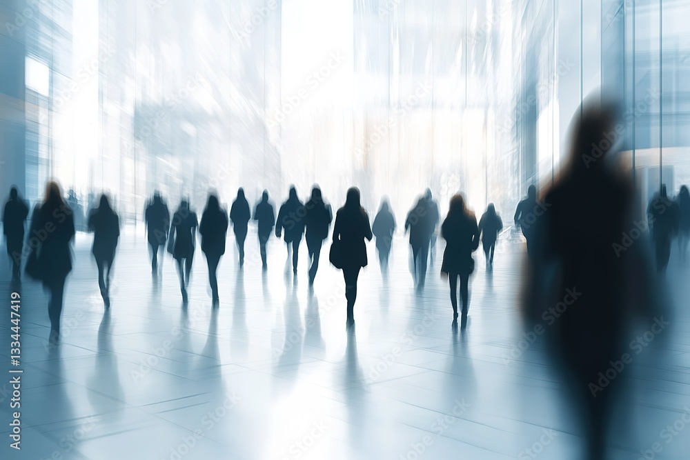 Blurry figures walking in a busy modern business center representing urban life Blurry figures walking in a busy modern business center representing urban life