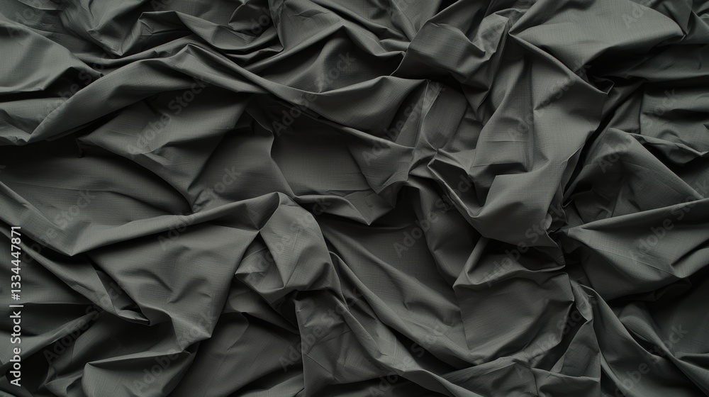 A close-up view of a crumpled piece of dark gray fabric. A close-up view of a crumpled piece of dark gray fabric.