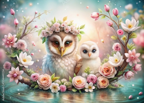 Elegant Spring Owls & Swan: Floral Wreath Illustration - High Depth of Field