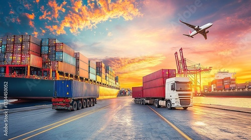 Cargo ship and truck with containers on a dockyard, showcasing logistics business operations with a floral background of the Royal Bass. The scene includes an airplane flying in the sky, a seaport wit