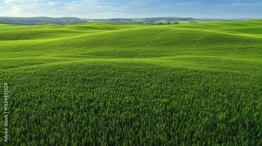 Fototapeta premium Vibrant lush green grass meadow with soft sunlight, gentle breeze, and a peaceful atmosphere, ideal for backgrounds in nature, relaxation, or environmental themes. The scene features rich green grass