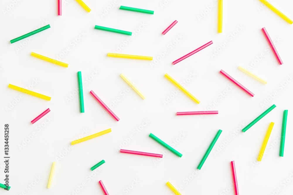 Colorful Plastic Straws Scattered on White Backdrop Colorful Plastic Straws Scattered on White Backdrop