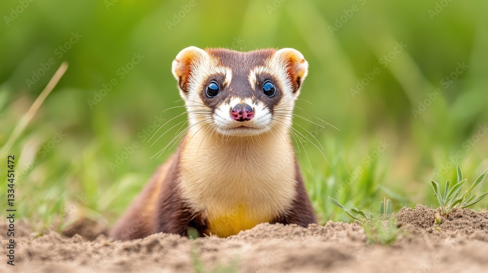 Fototapeta premium A curious ferret peeks from the ground, showcasing its distinctive markings against a lush green background.