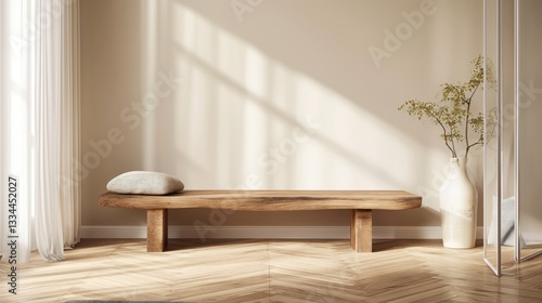 Banco rústico de madera sobre suelo de parquet cerca de una pared beige.