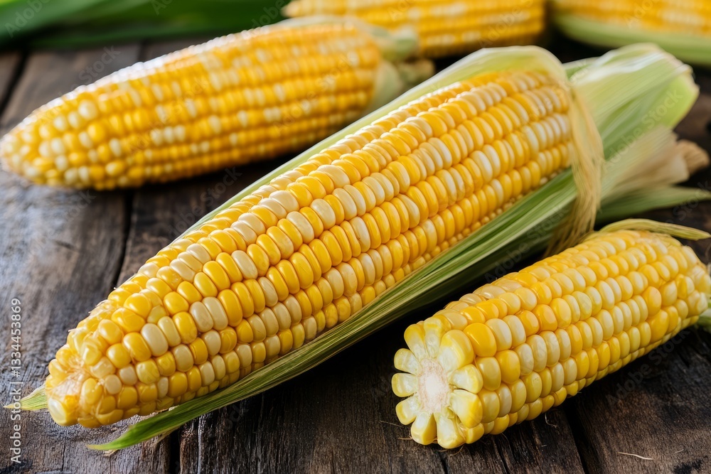 Freshly harvested corn cobs are lying on a rustic wooden table, displaying their vibrant yellow kernels Freshly harvested corn cobs are lying on a rustic wooden table, displaying their vibrant yellow kernels