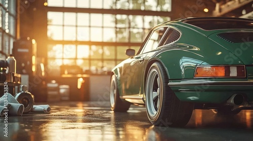 Classic Green Sports Car in a Workshop
